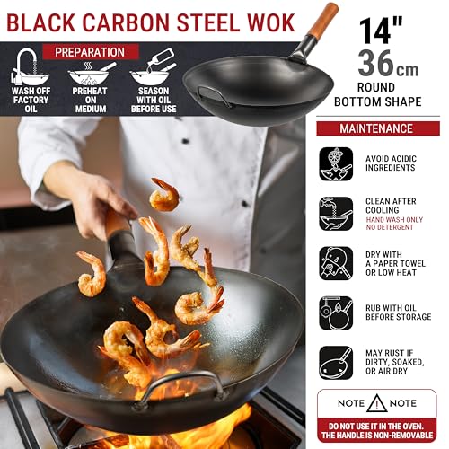 14" Black Carbon Steel Wok with Round Bottom