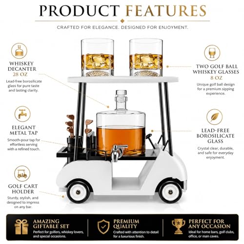 Luxury Golf Cart Whiskey Decanter Set with 2 Golfer Glasses