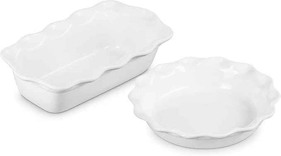 Le Creuset Stoneware Set of 2 9" Heritage Fluted Pie and 9" Fluted Loaf Dish, White