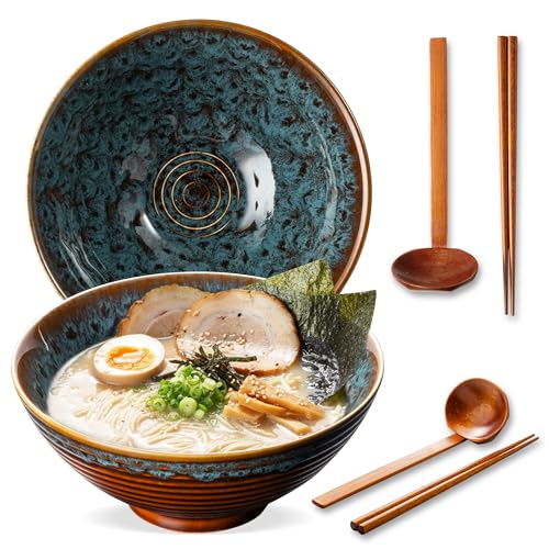 8 Inch Ceramic Ramen Bowl Set of 2 (Verdigris Green)