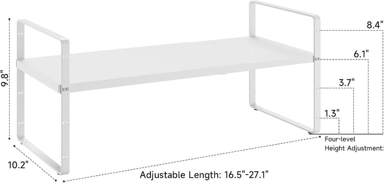 16.5~27.1" Expandable Shelf Organizer, 1Pack 10.2" Wide Stackable Cabinet Shelf Organizers, White Metal Sturdy Kitchen Counter Storage for Countertop, Adjustable Height Spice Rack