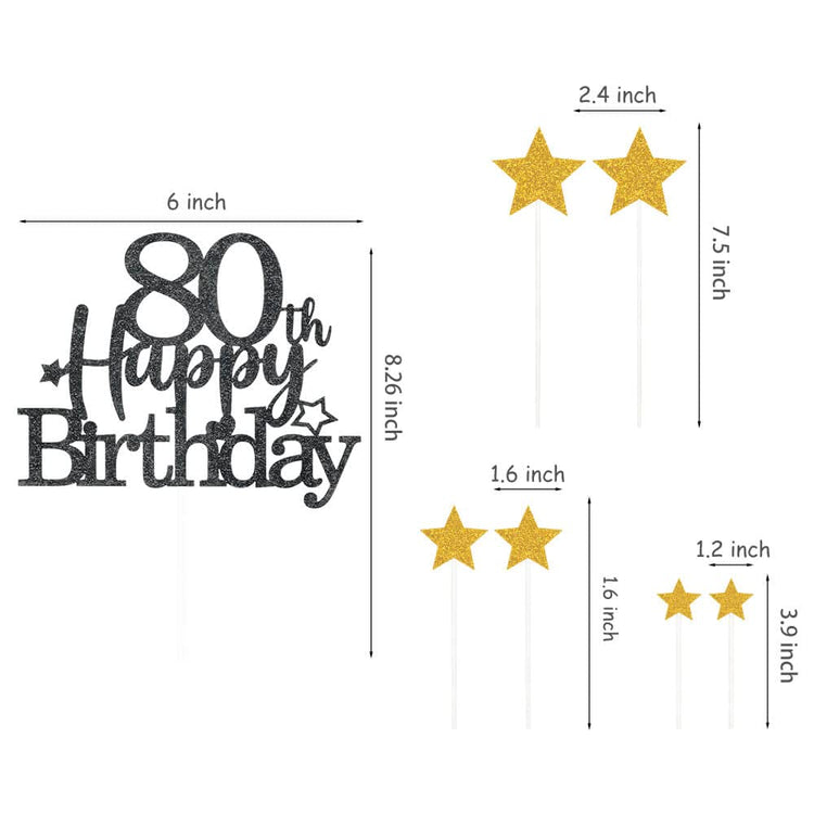 Black Gold 80th Birthday Cake Topper with Glittery Stars (7 Count)