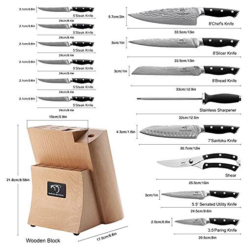 15 Piece Damascus Kitchen Knife Set with Beechwood Block