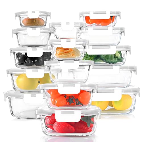 30 Pieces Glass Food Storage Containers Set (White / 15 Pack)