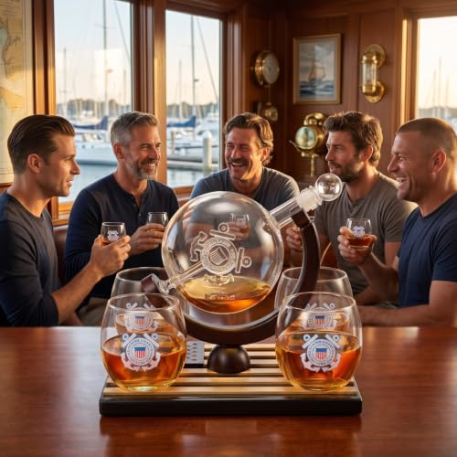 U.S. Coast Guard Globe Whiskey Decanter Set with 4 Liquor Glasses
