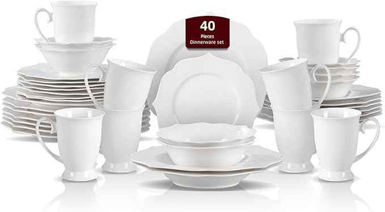 HomeVss, New Bone China Dinnerware Set, Embossed Lotus Design, 40pc Set