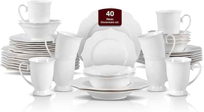 HomeVss, New Bone China Dinnerware Set, Embossed Lotus Design, 40pc Set