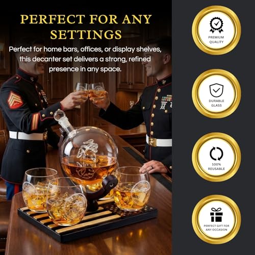 U.S. Marine Globe Whiskey Decanter Set with 4 Liquor Glasses