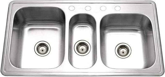 Houzer Stainless Steel PGT-4322-1 Premiere Gourmet Series - Topmount 4-Hole Triple Bowl Kitchen Sink, Premium Corrosion Resistant Quality, Ideal for Kitchen and Bar Use, Includes 2 Basket Strainers