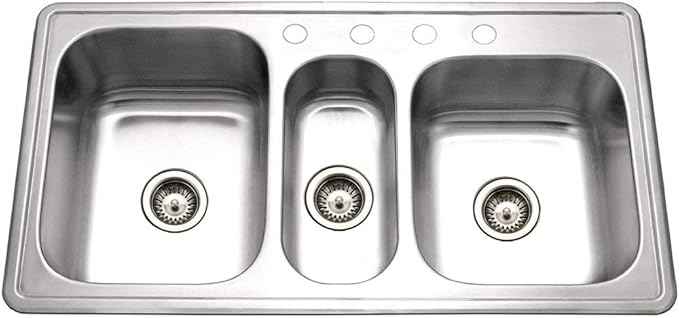 Houzer Stainless Steel PGT-4322-1 Premiere Gourmet Series - Topmount 4-Hole Triple Bowl Kitchen Sink, Premium Corrosion Resistant Quality, Ideal for Kitchen and Bar Use, Includes 2 Basket Strainers