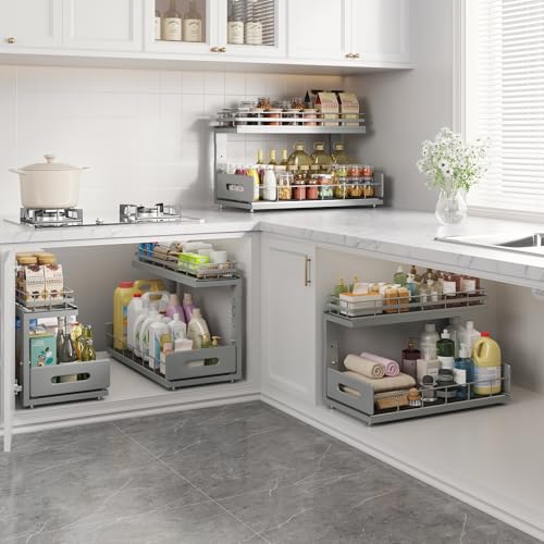 Under Sink Organizer Upgrade To Professional Rails (Gun Gray / 2 Pack-18.5"Dx12.8"-16.9"H)