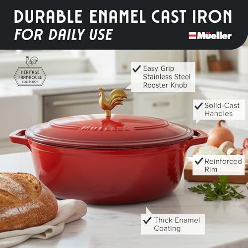 5.5 Quart Enameled Cast Iron Oval Dutch Oven w Rooster Knob & Cotton Potholders