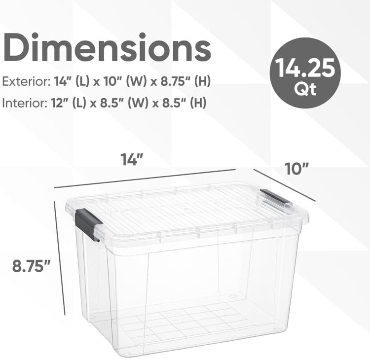 Superio Clear Storage Boxes with Lids, 14.25 Quart Plastic Container Bins for Organizing, Stackable Crates, BPA Free, Non Toxic, Odor Free, Organizers for Home, Office and Dorm, 4 Pack