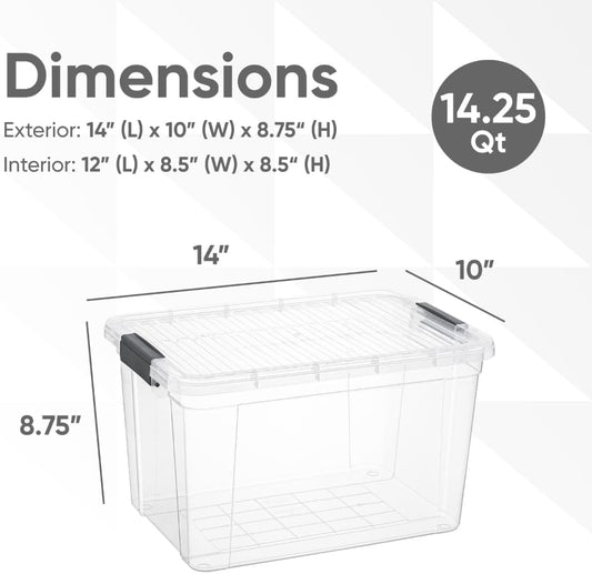 Superio Clear Storage Boxes with Lids, 14.25 Quart Plastic Container Bins for Organizing, Stackable Crates, BPA Free, Non Toxic, Odor Free, Organizers for Home, Office, School, and Dorm