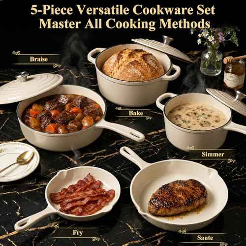 5 Piece White Enameled Cast Iron Cookware Set
