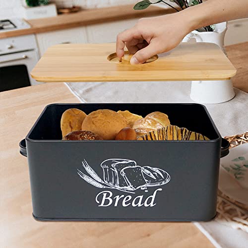 Bread Box with 3pcs Jars Coffee Sugar Tea for Kitchen Countertop White Metal Bread Box with Bamboo Board Cover Pastry Storage Container Set Kitchen decor (Black Box)
