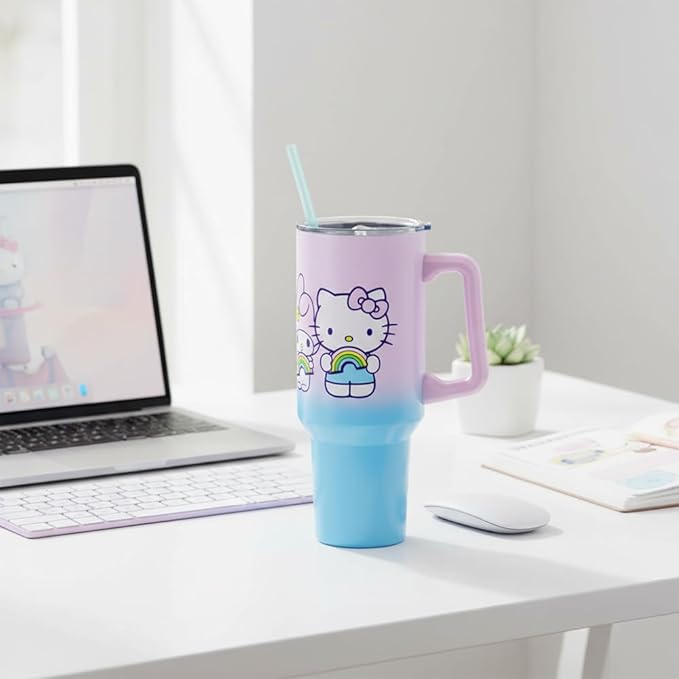 Silver Buffalo Sanrio Hello Kitty and Friends Featuring My Melody, Kuromi, Pompompurin Rainbow Ombre Double Walled Stainless Steel Tumbler with Handle and Straw, Fits in Standard Cup Holder, 40 Ounces