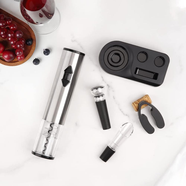 5-in-1 Electric Wine Opener Gift Set Stainless Steel Electric Wine Bottle Opener Battery Operated Corkscrew with Foil Cutter, Wine Pour, Wine Stopper and Storage Base, Silver