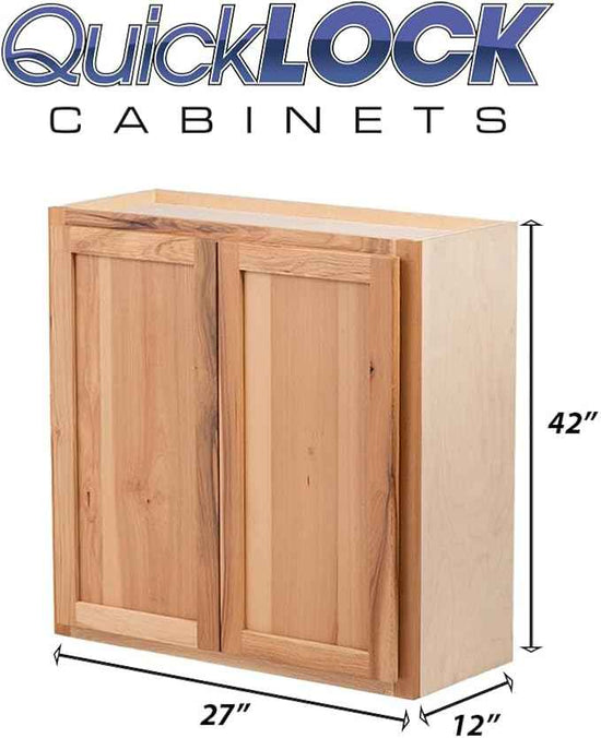 Quicklock RTA (Ready-to-Assemble) 42" Tall Wall Kitchen Cabinets - Shaker Style | 100% Hardwood | Made in America | Soft Close Hardware (12" D x 27" W x 42" H, Rustic Hickory)