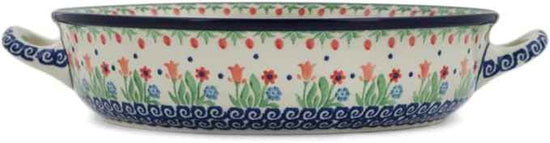 Polmedia Polish Pottery Round Baker with Handles 10-inch - Babcia's Garden Pattern Handmade in Boleslawiec Poland by Ceramika Artystyczna + Certificate of Authenticity