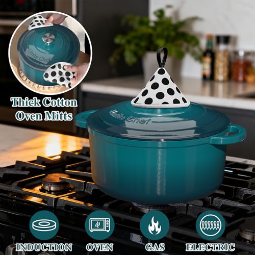7QT Enameled Cast Iron Dutch Oven with Lid & Cotton Potholders