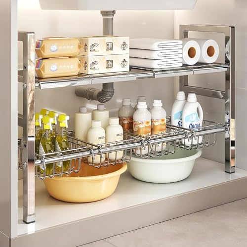 Large Under Sink Organizer 2 Tier Expandable Heavy Stainless Steel Shelf Adjustable Height for Under Kitchen Bathroom Sink Organizers and Storage (Large size: 4 panels 4 storage baskets)