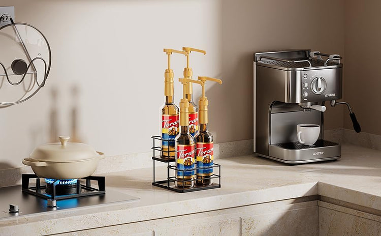 4 Bottle Capacity Coffee Syrup Organizer 2 Tier Coffee Syrup Stand Shelf for Coffee Bar Kitchen Small Wine Rack for Bar Family Storage for Syrup Wine Dressing