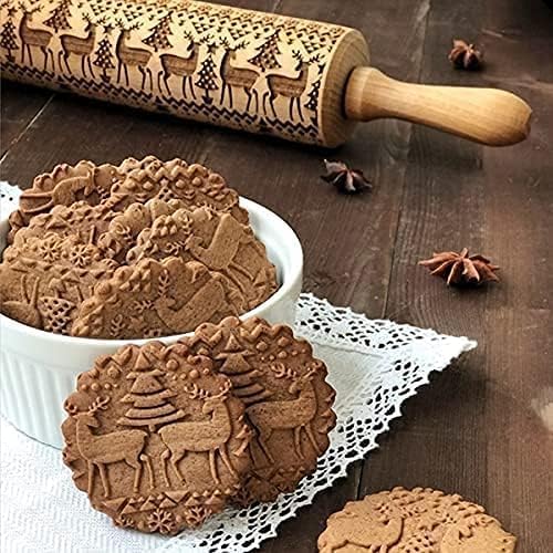 Christmas Wooden Rolling Pin for Baking Engraved Embossing Rolling Pin Cookie Stamps Roller Square Grid Cookies Mold Kitchen Decor Tools for Baking Embossed Cookies