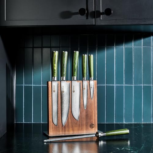 Green 7 Piece Japanese Damascus Steel Knife Set with Knife Block