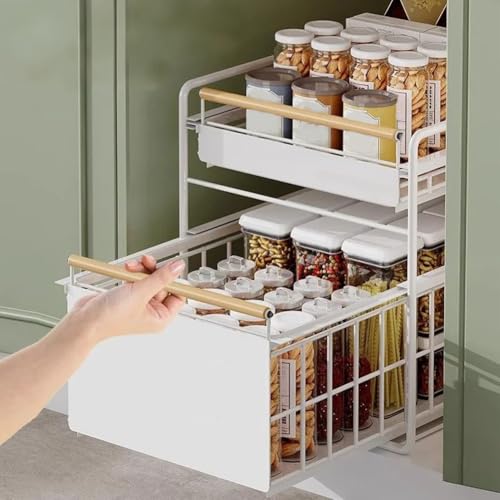 2 Tier Stainless Steel Pull Out Cabinet Organizer ([White] Free Installation)