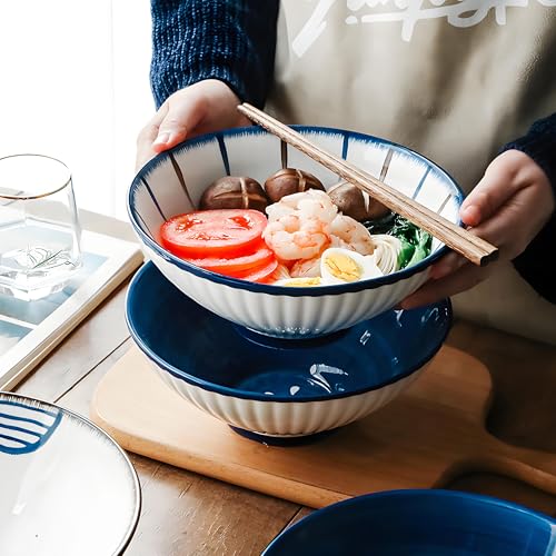 8 Inch 38OZ Ceramic Bowl Set of 4 (Blue and White)