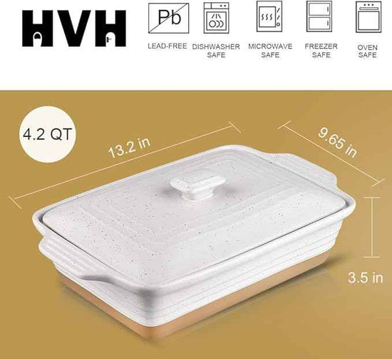 HVH Ceramic Casserole Dish with Lid - Oven Safe, 9x13 Rectangular Baking Dish, 3.5 Quart, Farmhouse Style (White)