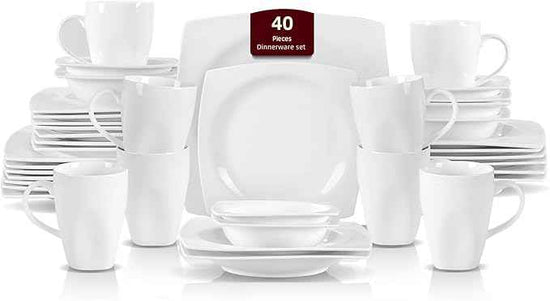 HomeVss, New Bone China Dinnerware SEt, Rim Square Shape, 40pc Set