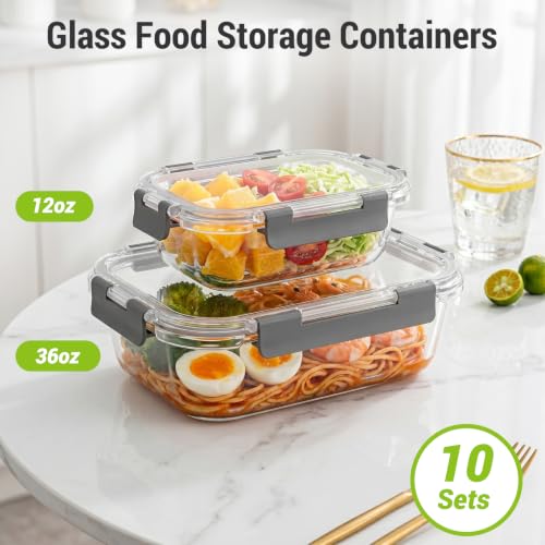 10 Sets 36 oz & 12 oz Glass Food Storage Containers with lids (Gray)