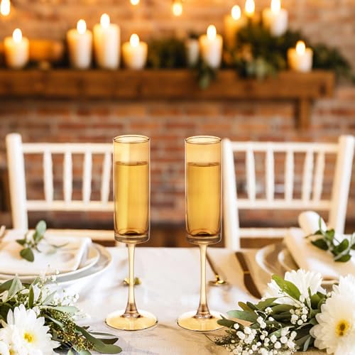 6 Pieces Amber Champagne Flutes 6 OZ Straight Sided Wine Glasses Champagne Long Stem Drinking Colored Glasses (6 Count)