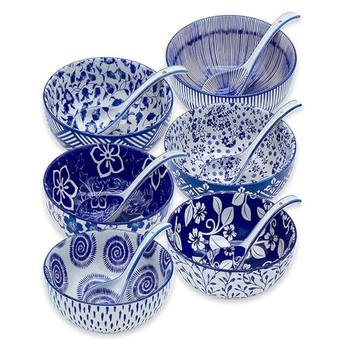 28Oz Ceramic Soup Ramen Bowl Set of 6 with Spoon Gift Box (6in-Bowls Set-6)