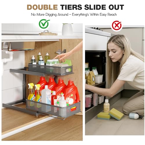 2 Pack Under Sink Storage Organizer with 2 (Gun Gray / 2 Pack-15.4"Dx11.8"-16.5"H)