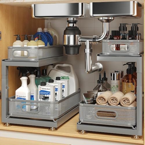 2 Pack Under Sink Storage Organizer with 2 (Gun Gray / 2 Pack-15.4"Dx11.8"-16.5"H)