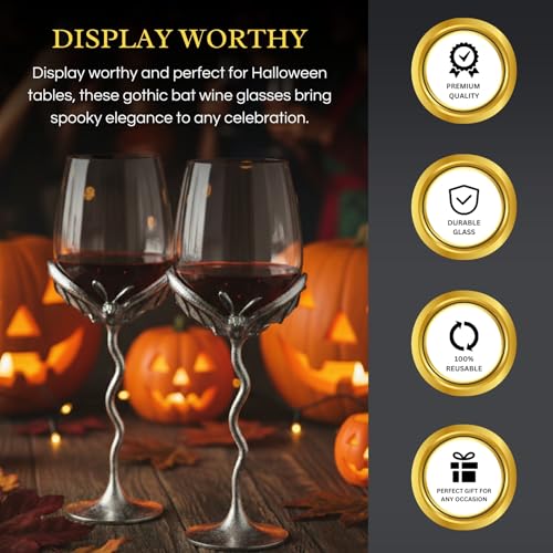 Silver Bat Wine Glasses Set of 2 Gothic Goblets with Alloy Steel Stems and Borosilicate Glass Unique Spooky Barware for Wine Lovers Dining Parties Holiday Gift Collectible Display (2 Count)