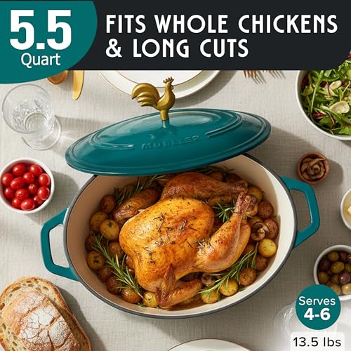 5.5 Quart Enameled Cast Iron Oval Dutch Oven with Rooster Knob and Cotton Potholders