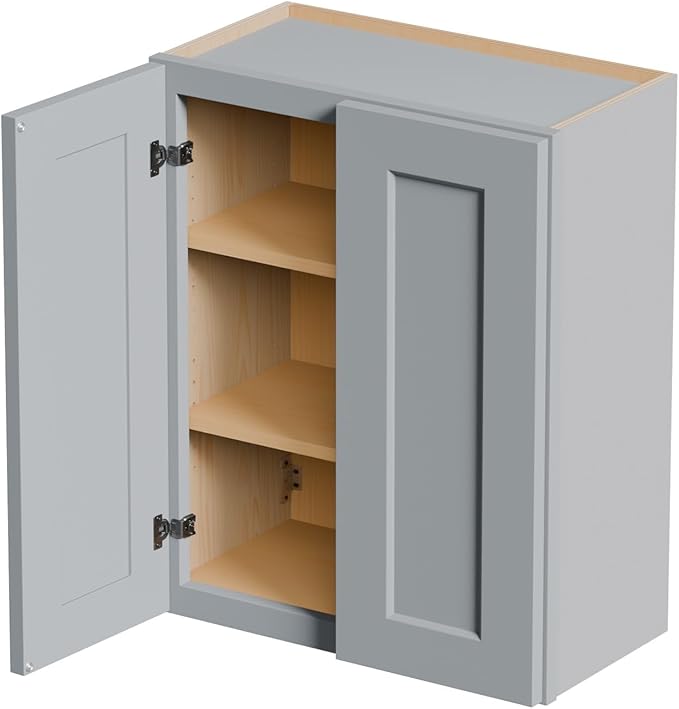 Solid Wood Kitchen Wall Cabinets, 24 Inch Wide 12 Deep Over The Toilet Storage Cabinet, Bathroom Organizer Cabinets with 2 Shaker Door & 3 Shelves, Easy Assembly for Laundry Room - Grey
