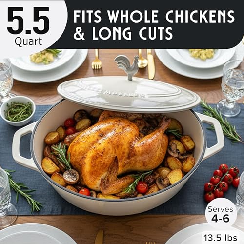 5.5 Quart Enameled Cast Iron Oval Dutch Oven with Rooster Knob & Cotton Potholders