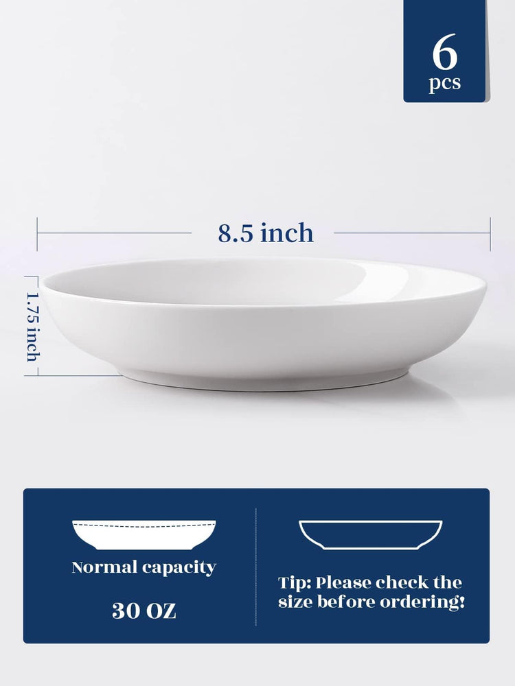 Pasta Bowls 30oz Salad Bowls White Soup Bowls Large Pasta Serving Bowl Porcelain Pasta Plates Wide and Shallow Bowls Set of 6 Microwave Dishwasher Safe Valentines Day Gift (6 Count)