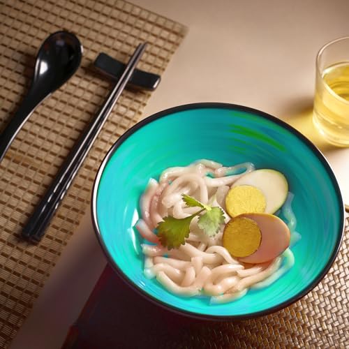 Unbreakable Ramen Bowl Set with Chopsticks and Spoon (2 Bowl Set / Teal & Black)