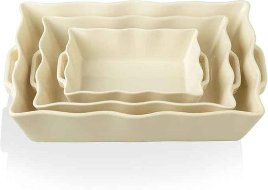 Sweejar Casserole Dishes for Oven, Ceramic Bakeware Set of 3, Rectangular Baking dish with Handles, Wave Edge Lasagna Pan Deep for Cooking, Cake, Dinner, Banquet and Daily Use (Beige)