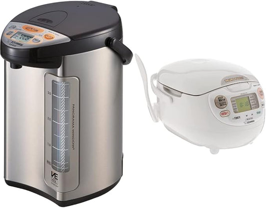 Zojirushi 586361-CV-DCC40XT America Corporation Ve Hybrid Water Boiler And Warmer, 4-Liter, Stainless Dark Brown and Zojirushi NS-ZCC10 Neuro Fuzzy Cooker, 5.5-Cup uncooked rice / 1L, White
