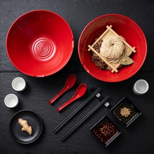 Unbreakable Melamine Ramen Bowl Set （2 piece set） (Red-Black / Set-2)