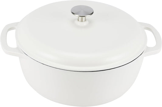 Amazon Basics Cast Iron Dutch Oven Pot with Lid, Enameled, Round, Dual Handles, Heavy-Duty, Medium, 6-Quart, Matte White - Nestoria