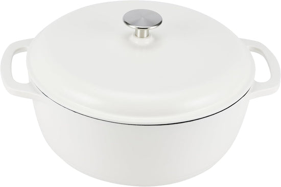 Amazon Basics Cast Iron Dutch Oven Pot with Lid, Enameled, Round, Dual Handles, Heavy-Duty, Medium, 6-Quart, Matte White - Nestoria