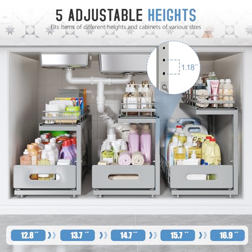 Under Sink Organizer Upgrade To Professional Rails (Gun Gray / 2 Pack-14.5"Dx12.8"-16.9"H)